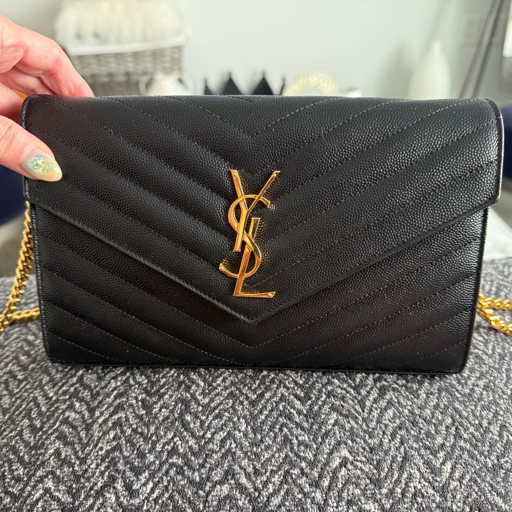 Yves Saint Laurent Black Chevron Clutch with Gold Chain - Picture 3 of 8
